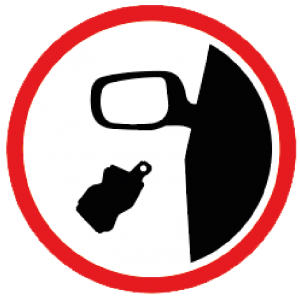 A mock road sign with red ring around a white circle showing a drinks can being thrown from a vehicle (shown by a car wing mirror) denoting littering from vehicles